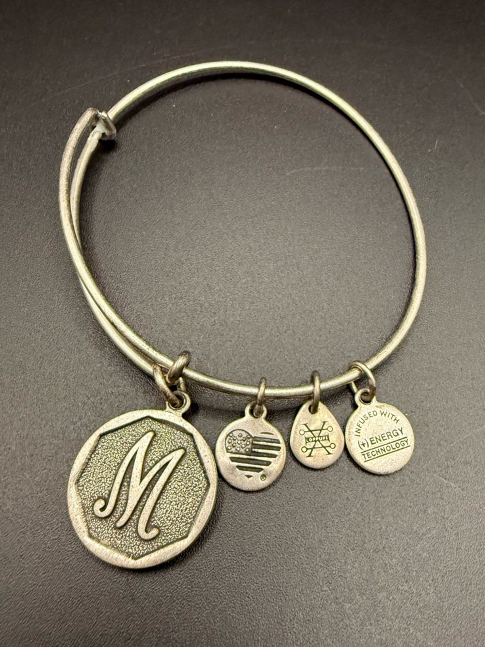 Alex and Ani Silver Tone Initial M Charm Bangle Bracelet Adjustable